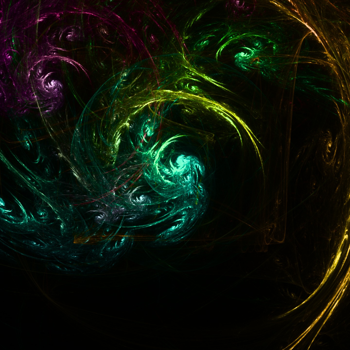 Green, teal, violet and gold fractal currents curling through a black field