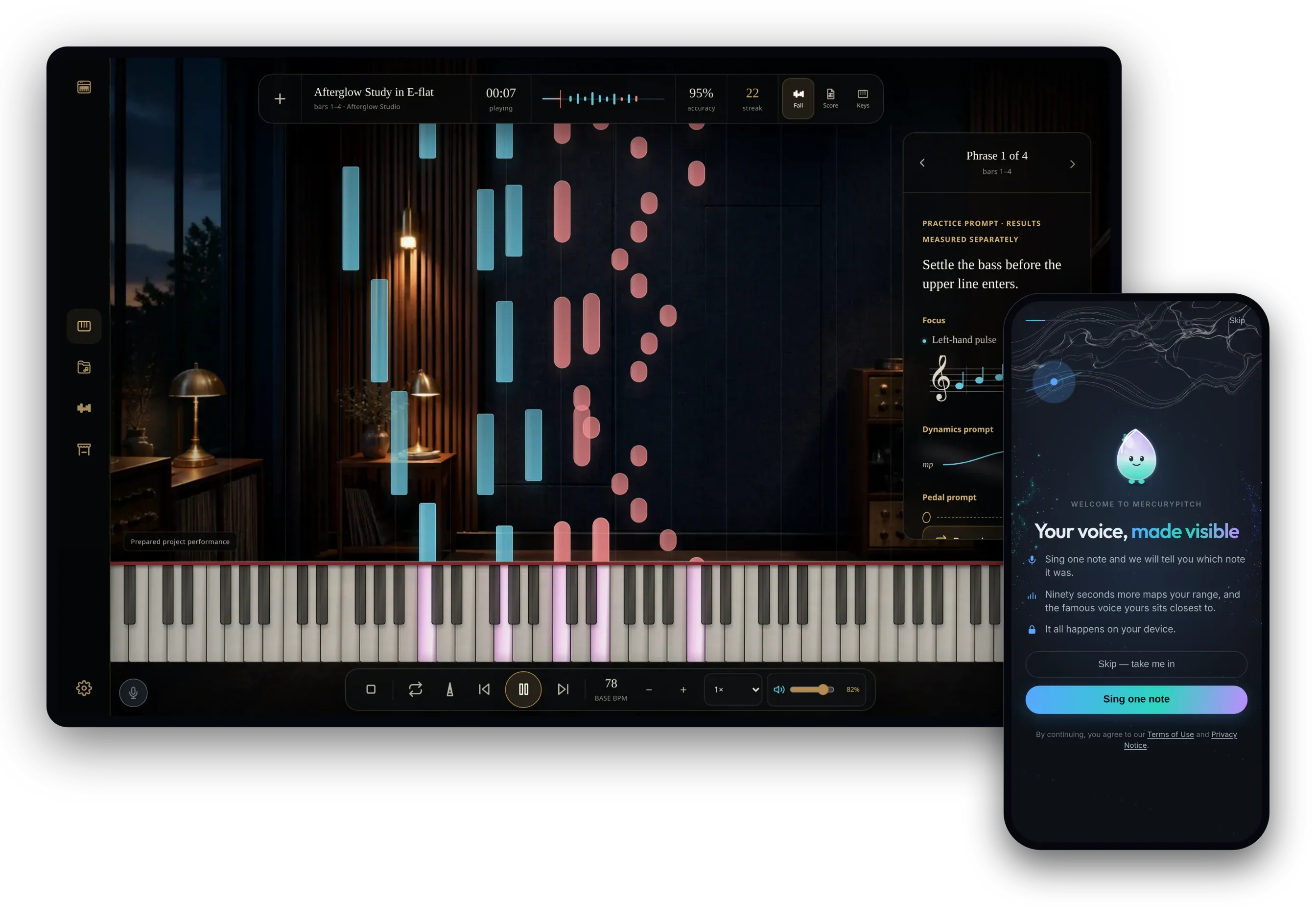 MercuryPitch on a big screen and a phone: Piano Night, notes falling onto a lit keyboard, and First Light, asking for one sung note.