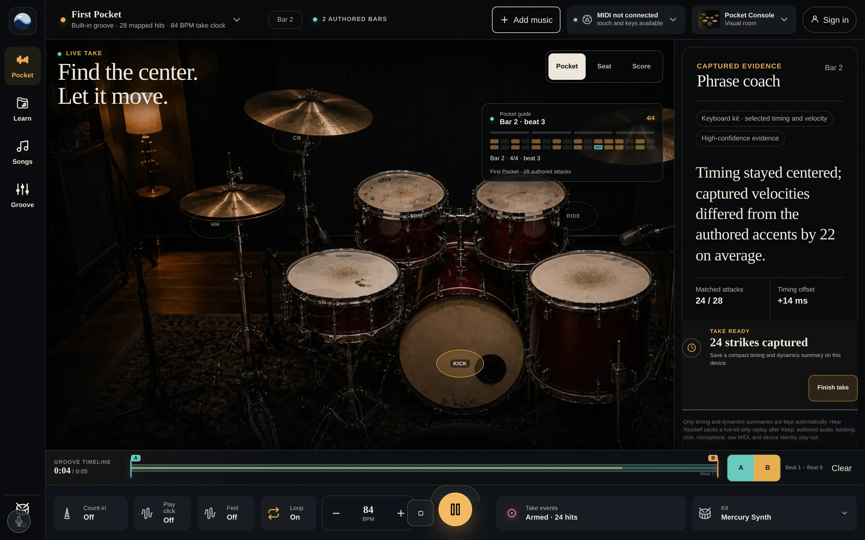 Drum Night: a lamplit kit under "Find the center. Let it move.", the phrase coach reporting 24 of 28 attacks matched at a timing offset of +14 ms.