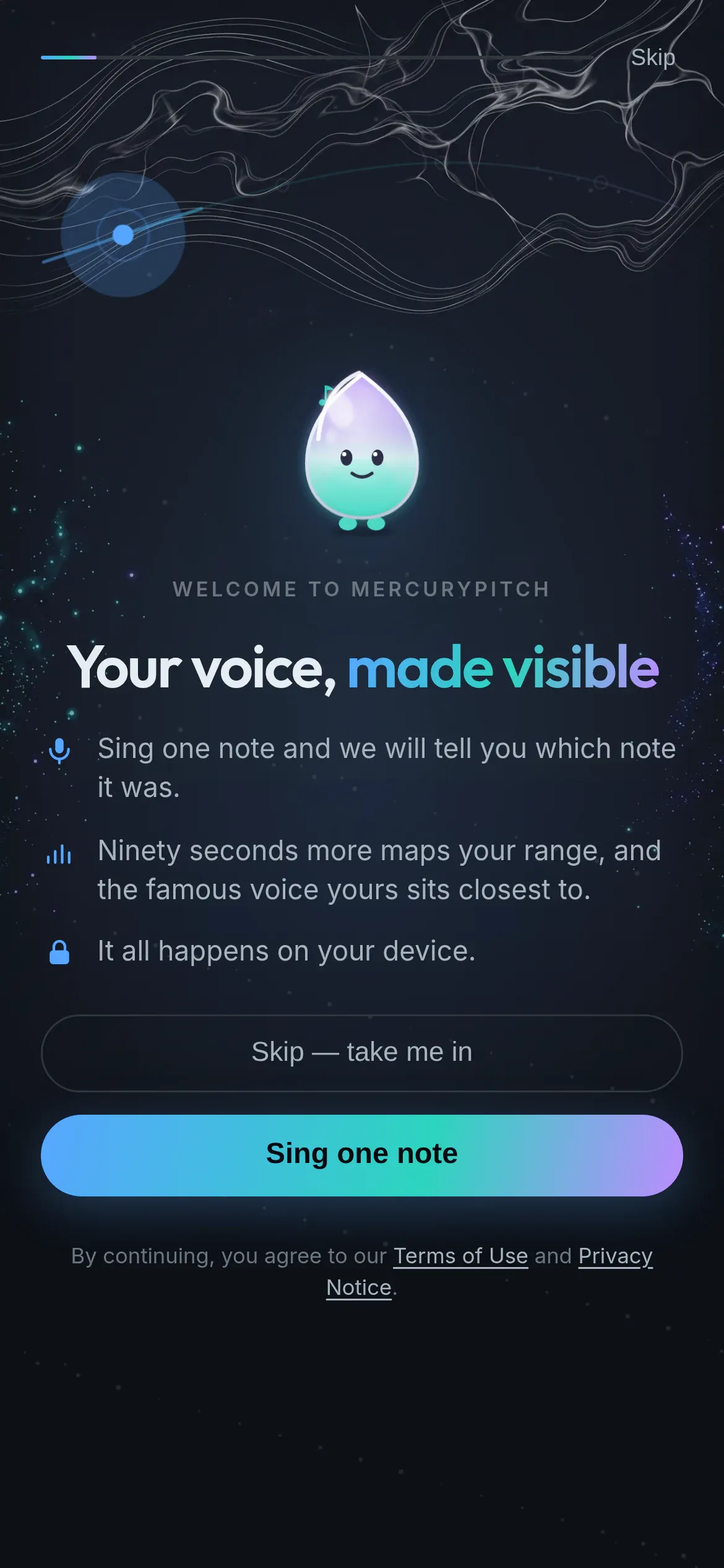 First Light on a phone: Merc above "Your voice, made visible", with Sing one note and Skip.