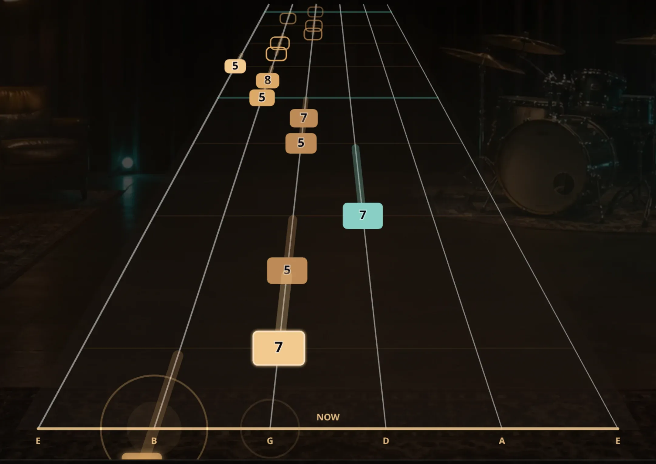 Guitar Night up close: fret numbers on four of the six strings, closing on the hit line.