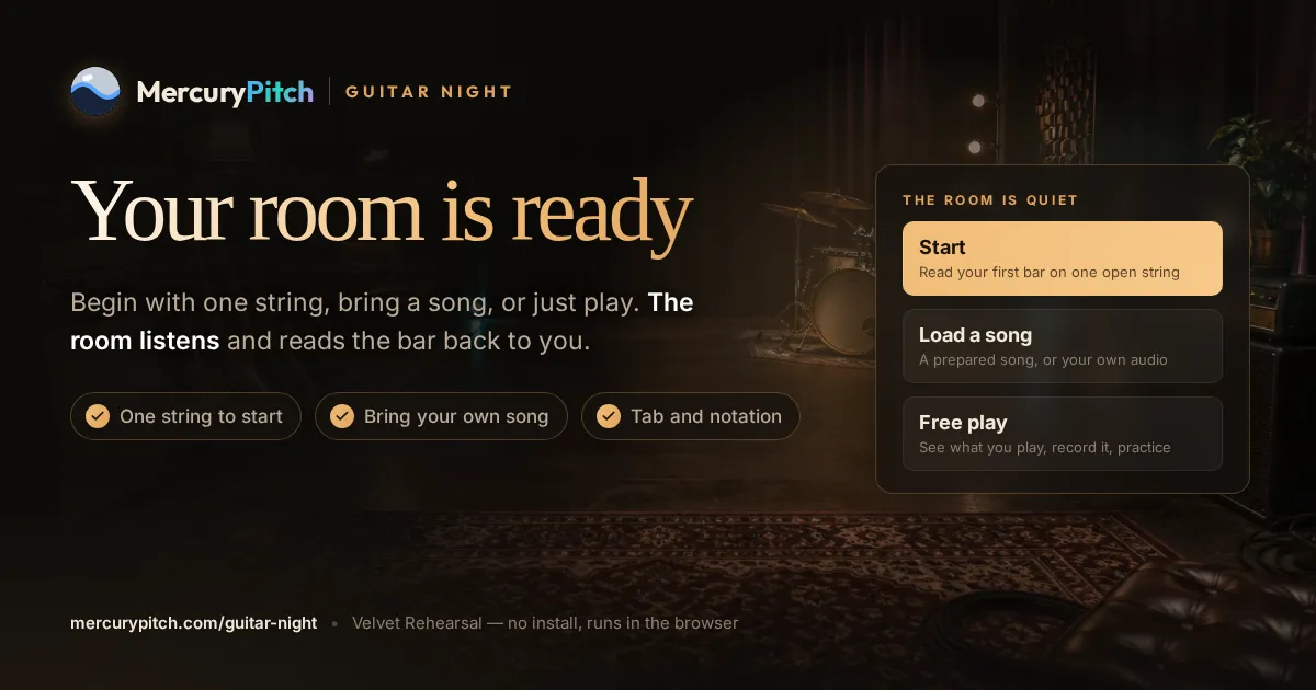 The MercuryPitch share card for mercurypitch.com/guitar-night: Guitar Night · Your room is ready