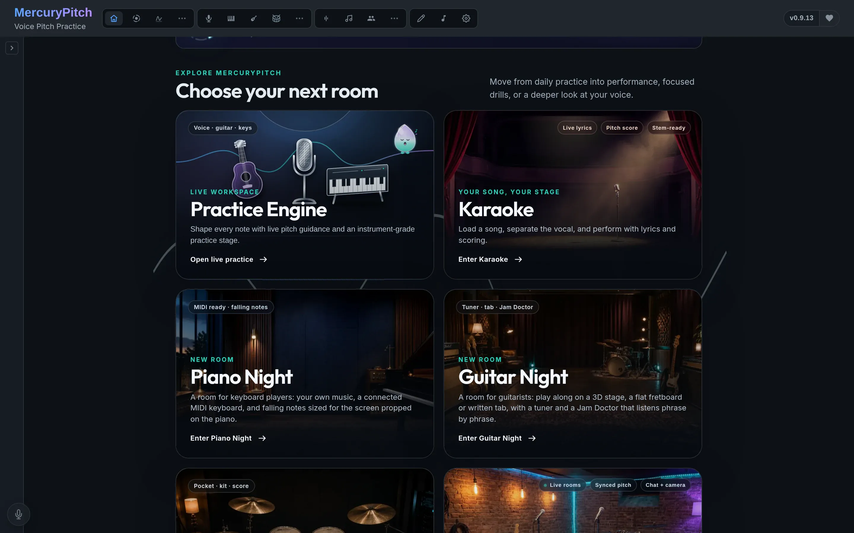 The "Choose your next room" gallery on Home: illustrated covers for the practice engine, Karaoke, Piano Night and Guitar Night.