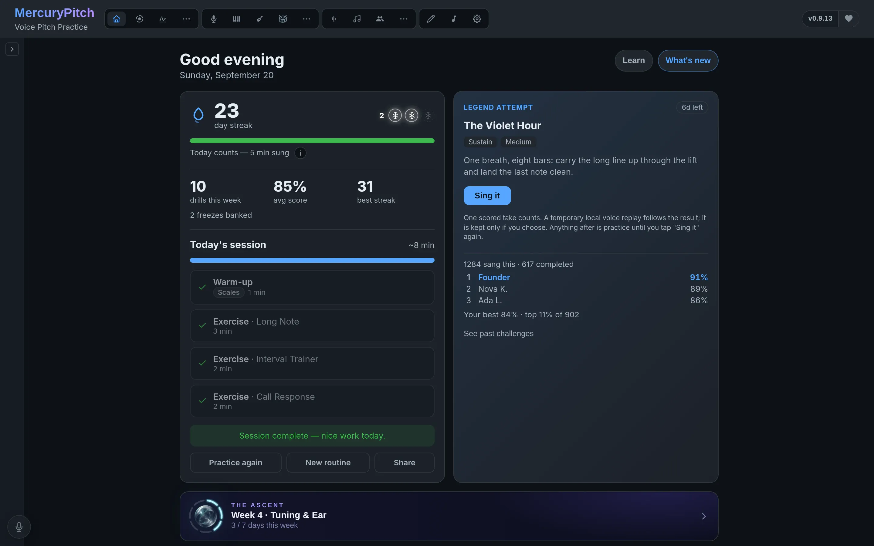 Home: a 23-day streak, today’s session complete and this week’s Legend, The Violet Hour, with its board.