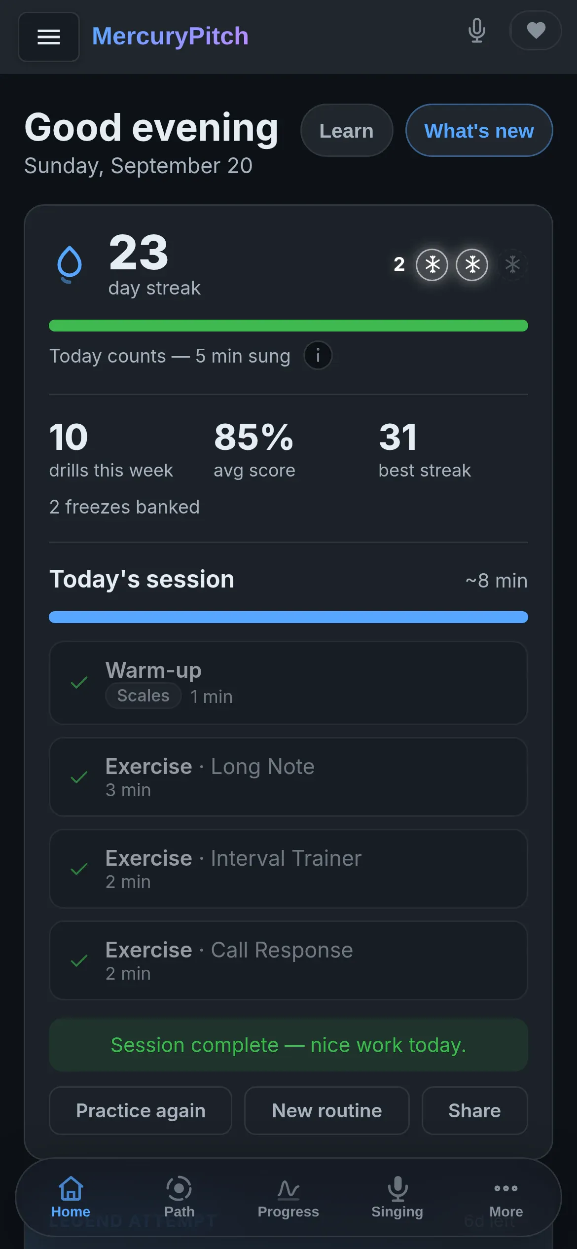 MercuryPitch home on a phone: a 23-day streak and today’s session done.