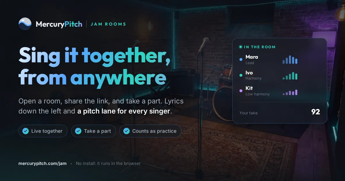 The MercuryPitch share card for mercurypitch.com/jam: Jam Rooms · Sing it together, from anywhere