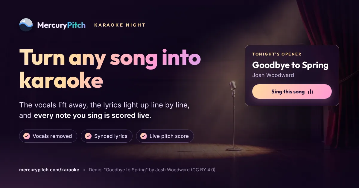 The MercuryPitch share card for mercurypitch.com/karaoke-night: Karaoke Night · Turn any song into karaoke