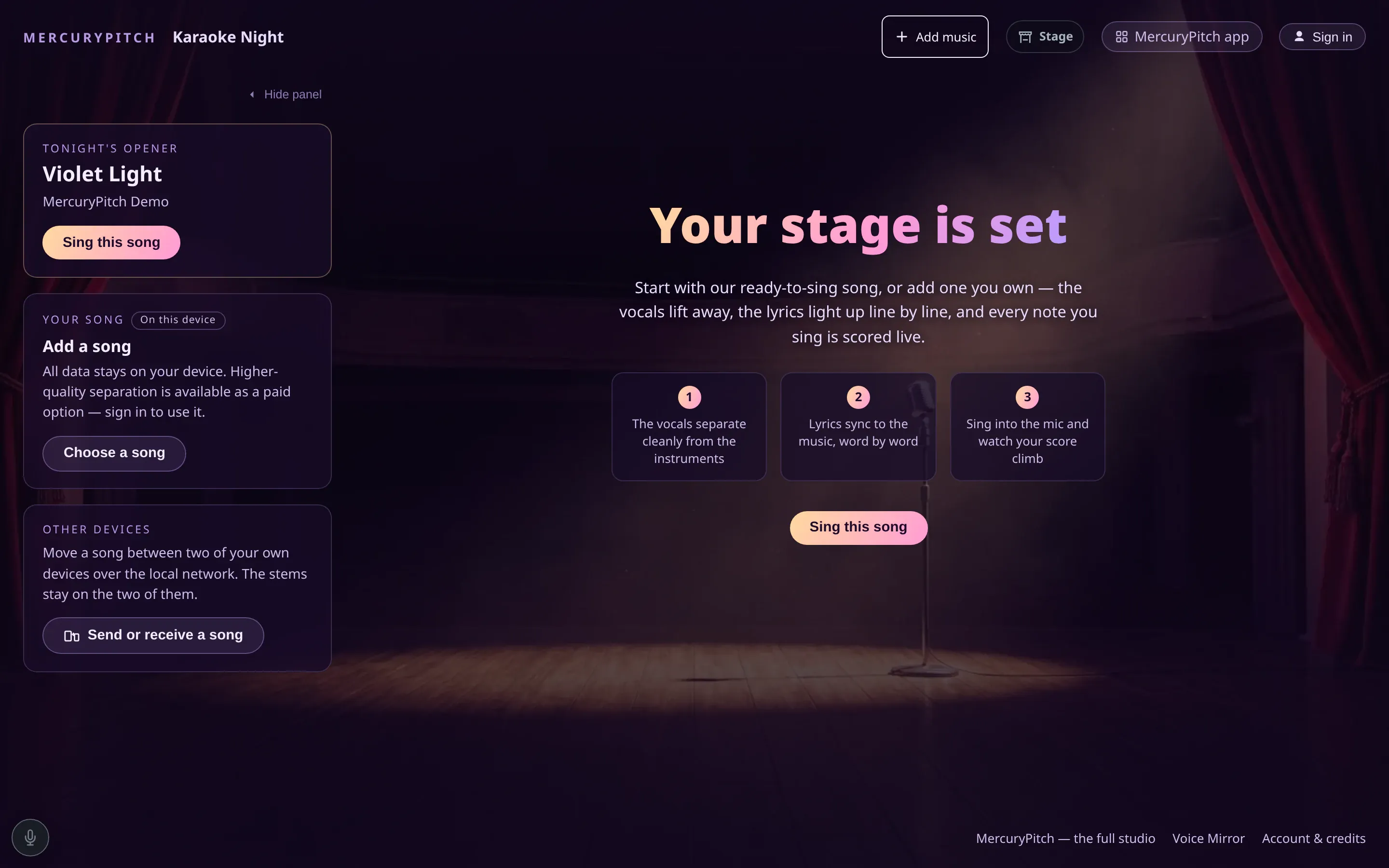 Karaoke Night: "Your stage is set" over a spotlit stage, Violet Light loaded as tonight’s opener, three numbered steps under the headline and a side panel to add a song.