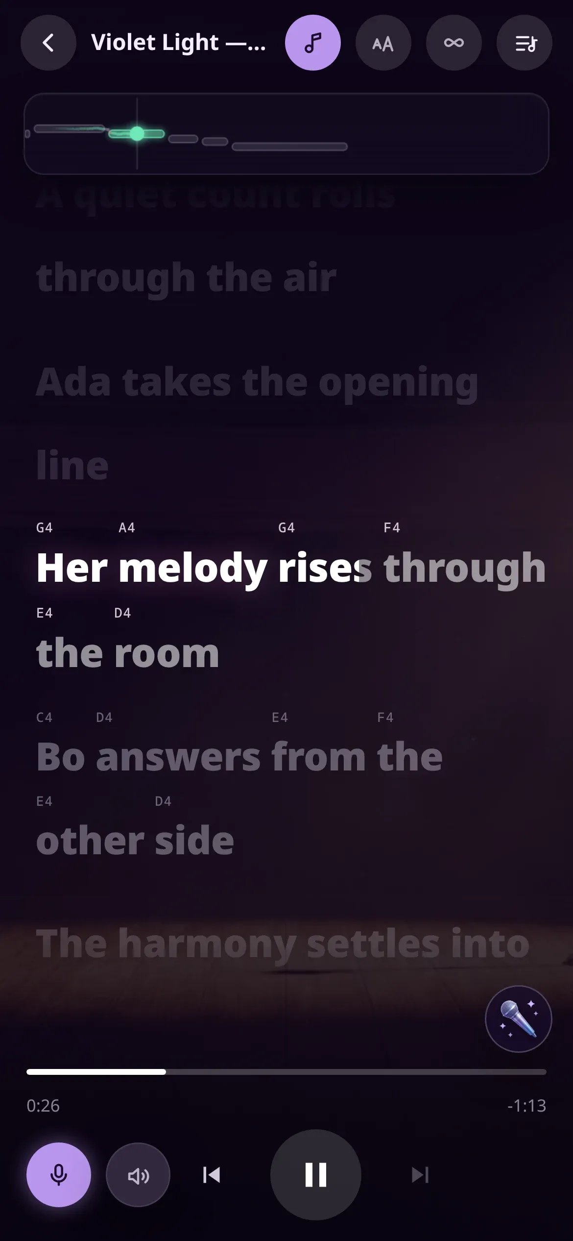 Karaoke Night on a phone: the lyric lights up word by word above the live pitch line.