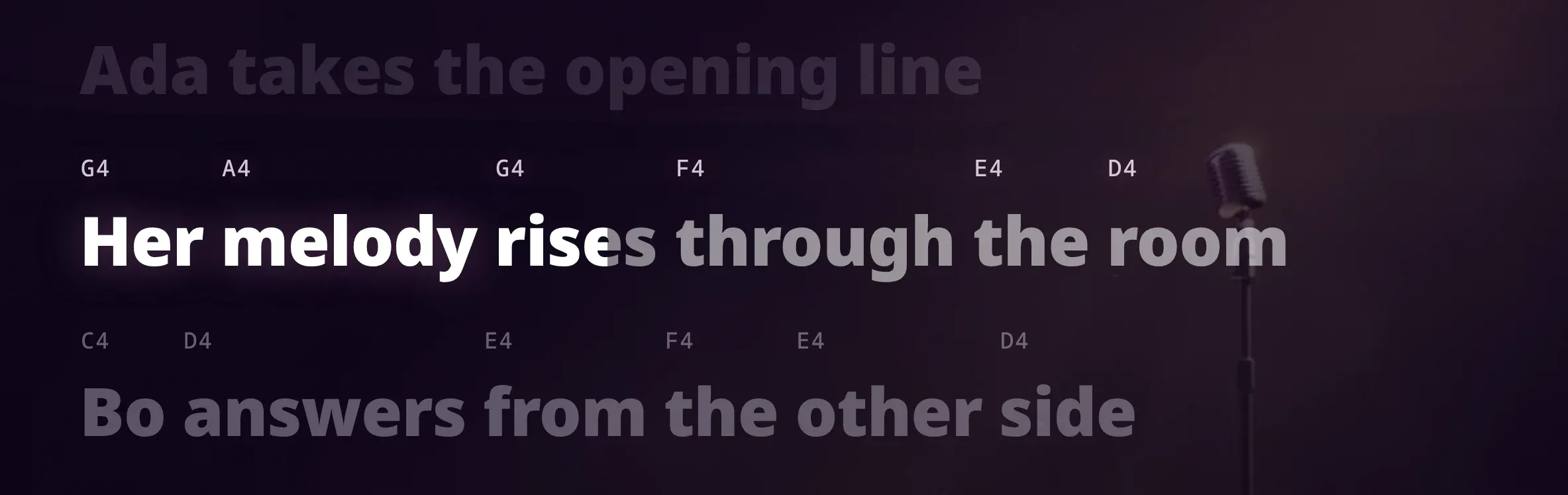 A Violet Light lyric, "Her melody rises through the room", lighting up word by word, each word tagged with the note to sing.