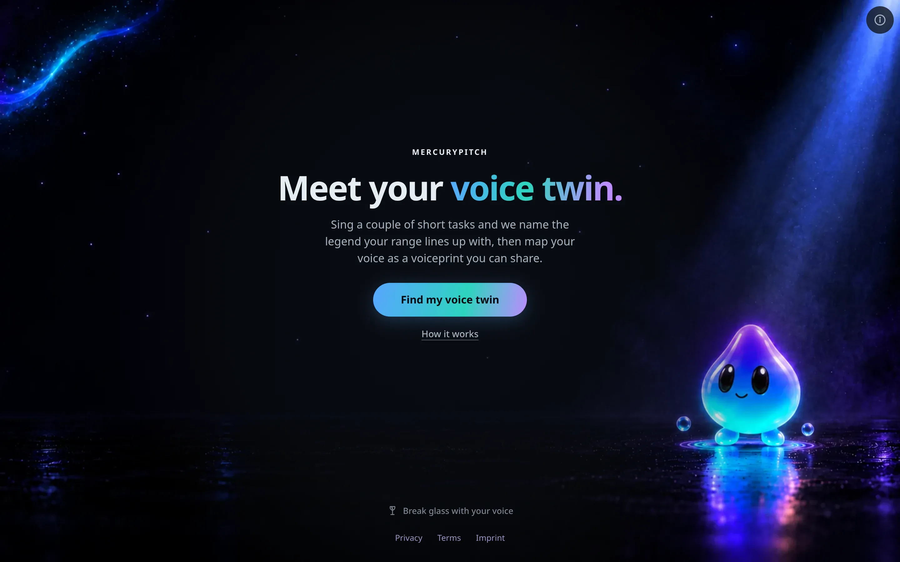 The Voice Mirror start screen: "Meet your voice twin." above a Find my voice twin button, and Merc, the MercuryPitch mascot, standing in a spotlight under a starry sky.