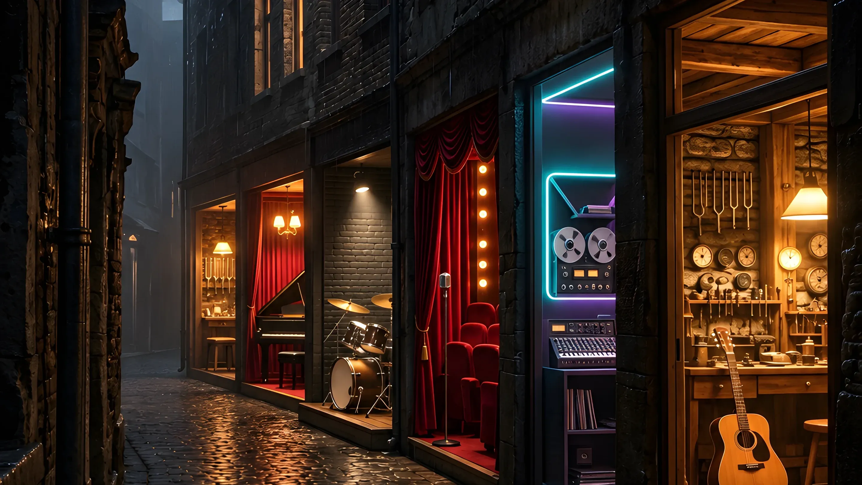 A rain-dark alley of lit music rooms at night.