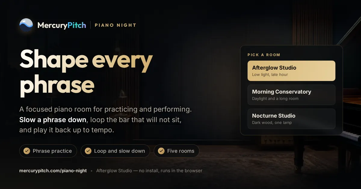 The MercuryPitch share card for mercurypitch.com/piano-night: Piano Night · Shape every phrase