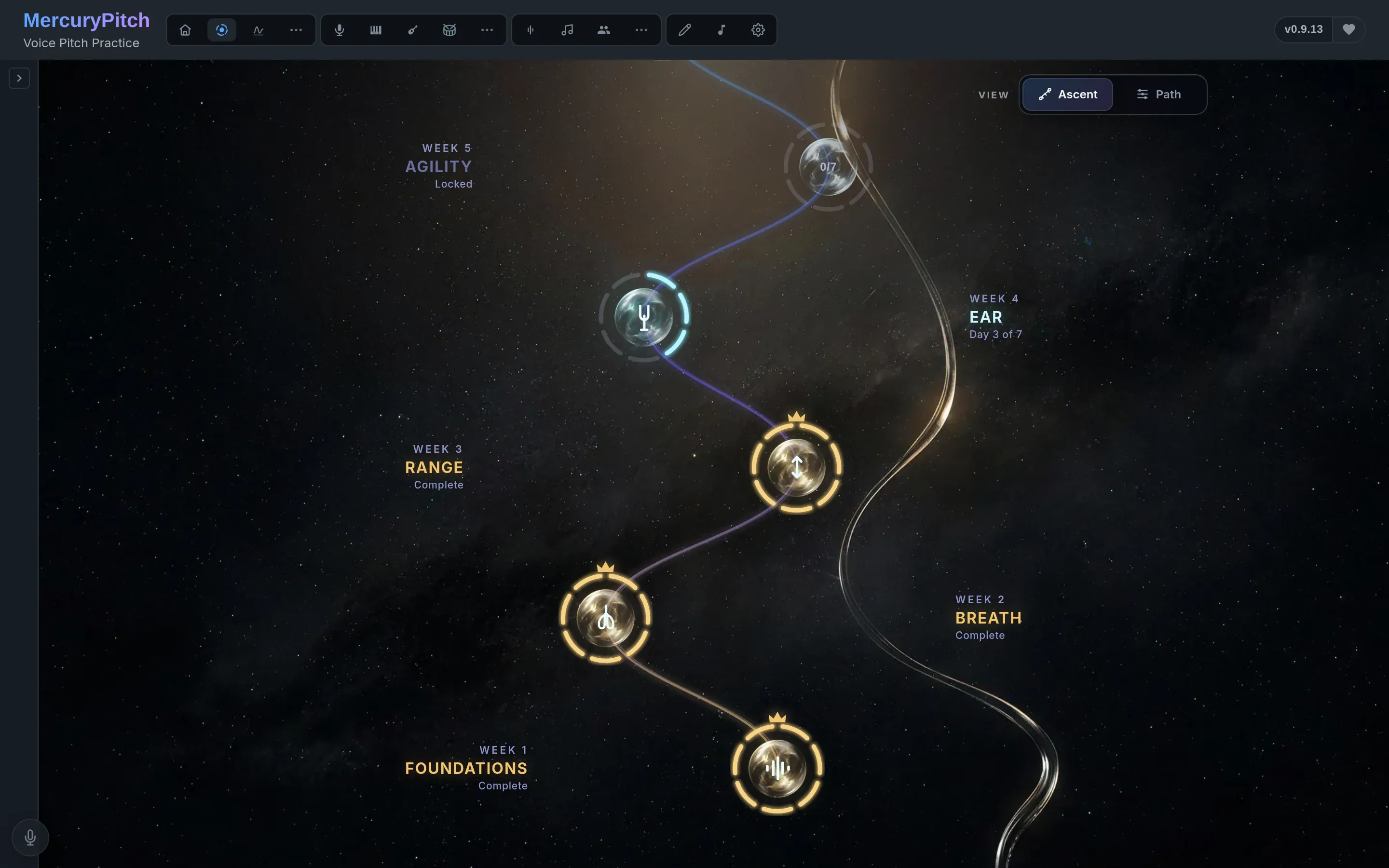 The Ascent: a seven-week guided path drawn as orbs climbing a night sky, three weeks lit and week four under way.