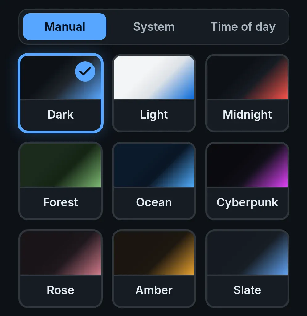 The theme picker: nine themes from Dark and Light to Cyberpunk and Slate, Dark selected.