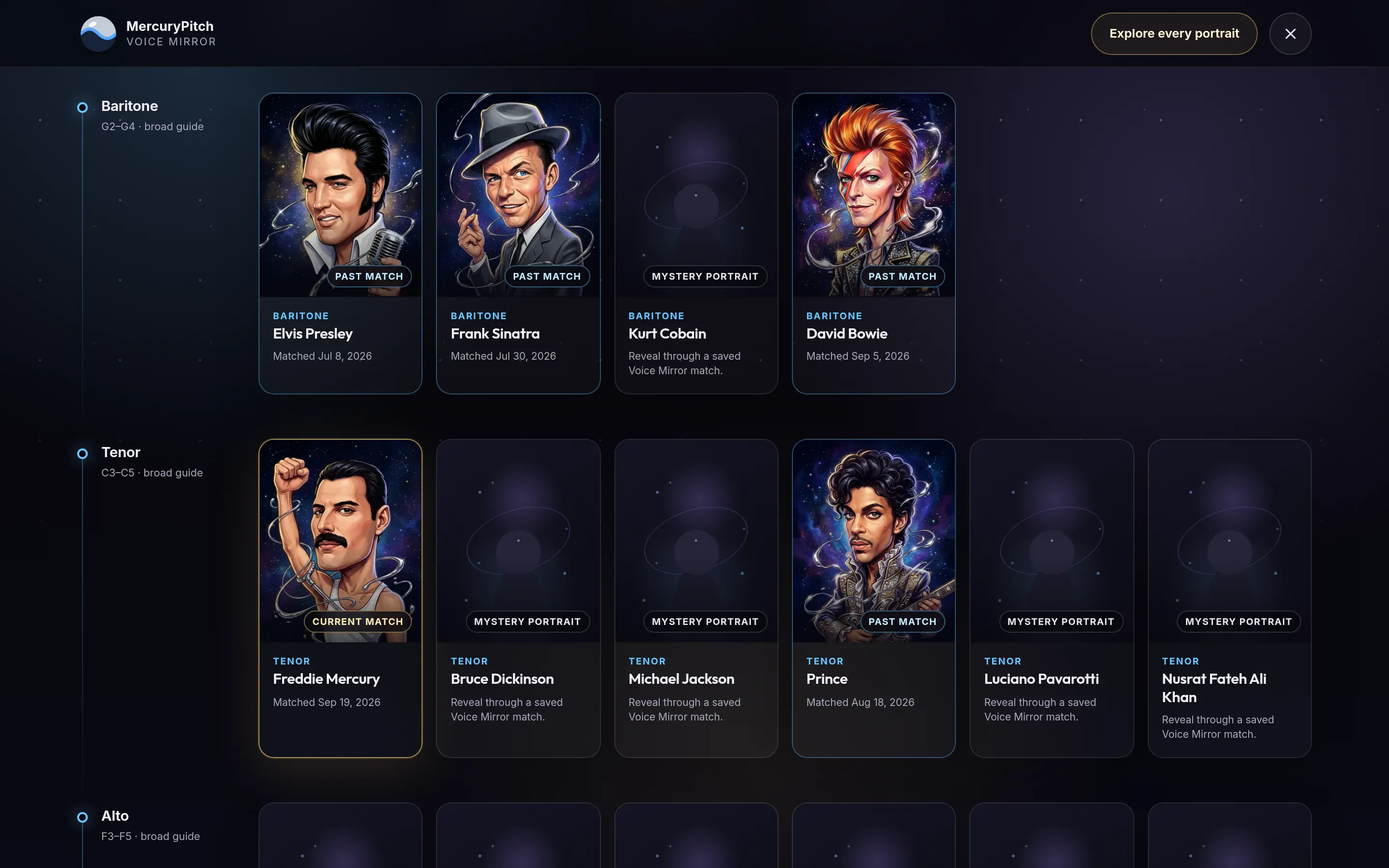 The voice constellation: voice twins in rows by voice type, Freddie Mercury the current match, Elvis, Sinatra, Bowie and Prince before him.